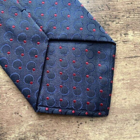 Take Six Mens Silk Tie Navy Blue Red Dot Jacquard Necktie Gold Chain Keeper Loop - Picture 6 of 10